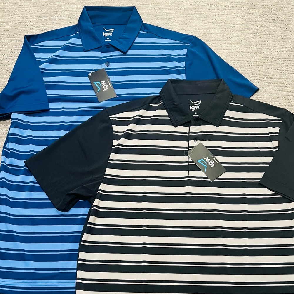 Men’s Blue and Black Striped Golf Shirts (Pair of 2)